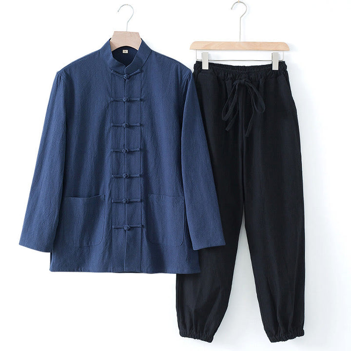 Camisa de manga larga con botones de Buddha Stones para meditación, pantalones, traje para hombre - Camisa azul oscuro y pantalones negros - US/UK/AU44, EU54 (4XL) - image 0