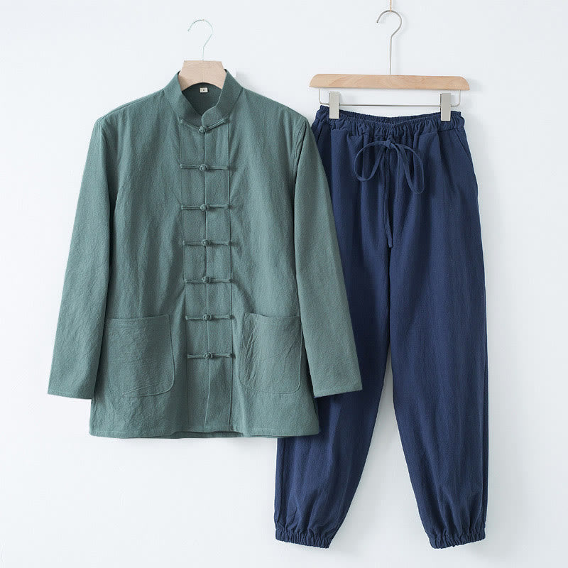 Camisa de manga larga con botones de Buddha Stones para meditación, pantalones, traje para hombre - Camisa azul marino y pantalón azul oscuro - US/UK/AU44, EU54 (4XL) - image 25