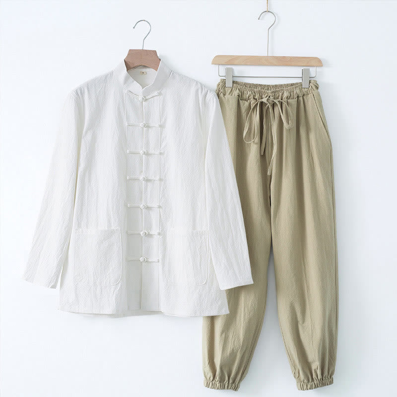 Camisa de manga larga con botones de Buddha Stones para meditación, pantalones, traje para hombre - Camisa blanca y pantalón color canela - US/UK/AU44, EU54 (4XL) - image 18