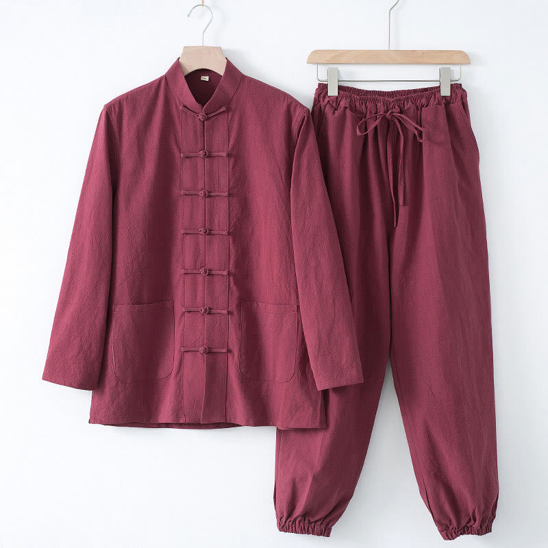 Camisa de manga larga con botones de Buddha Stones para meditación, pantalones, traje para hombre - Camisa granate y pantalón granate - US/UK/AU44, EU54 (4XL) - image 14