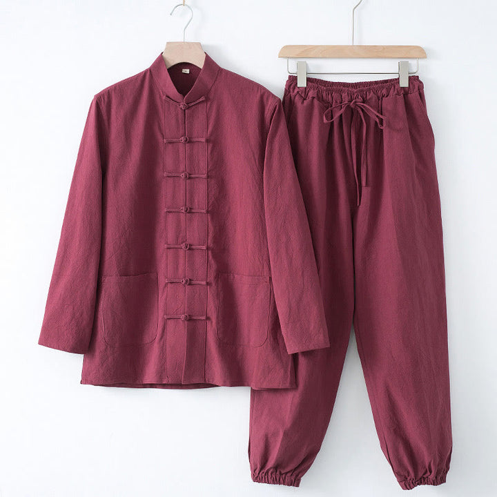 Camisa de manga larga con botones de Buddha Stones para meditación, pantalones, traje para hombre - Camisa granate y pantalón granate - US/UK/AU44, EU54 (4XL) - image 14