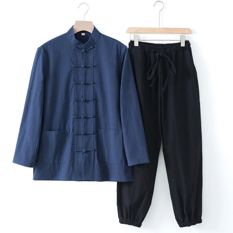 Camisa de manga larga con botones de Buddha Stones para meditación, pantalones, traje para hombre - Camisa azul oscuro y pantalones negros - US/UK/AU44, EU54 (4XL) - image 0