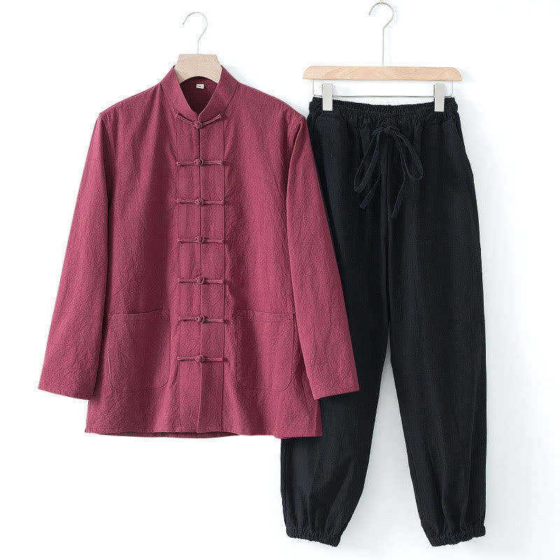 Camisa de manga larga con botones de Buddha Stones para meditación, pantalones, traje para hombre - Camisa granate y pantalón negro - US/UK/AU44, EU54 (4XL) - image 23