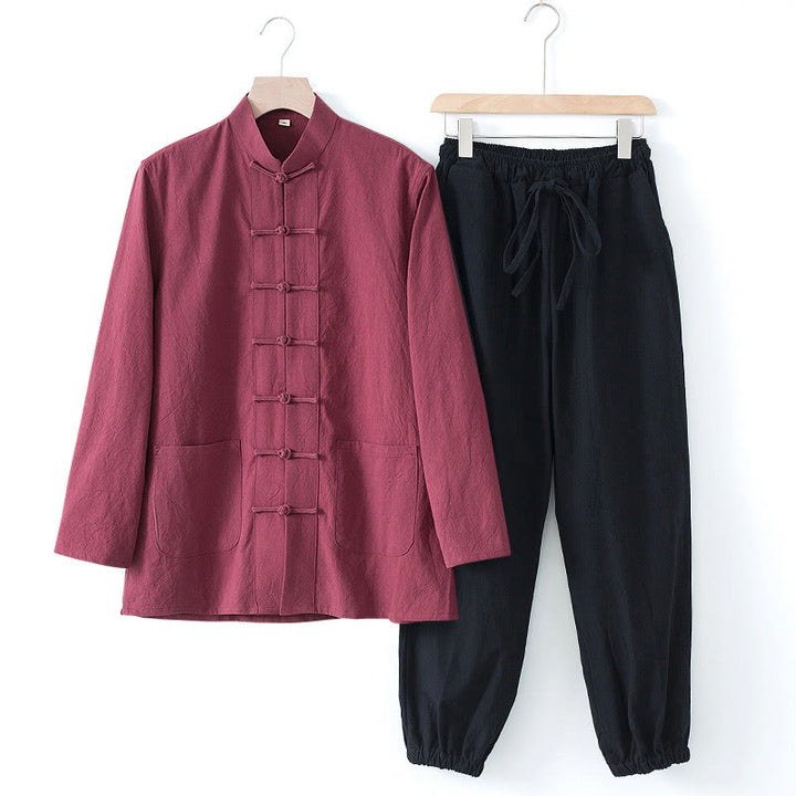 Camisa de manga larga con botones de Buddha Stones para meditación, pantalones, traje para hombre - Camisa granate y pantalón negro - US/UK/AU44, EU54 (4XL) - image 23