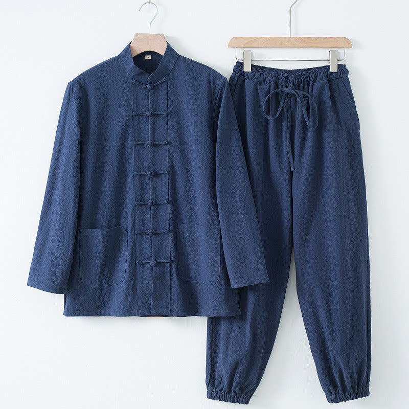 Camisa de manga larga con botones de Buddha Stones para meditación, pantalones, traje para hombre - Camisa azul oscuro y pantalón azul oscuro - US/UK/AU44, EU54 (4XL) - image 12