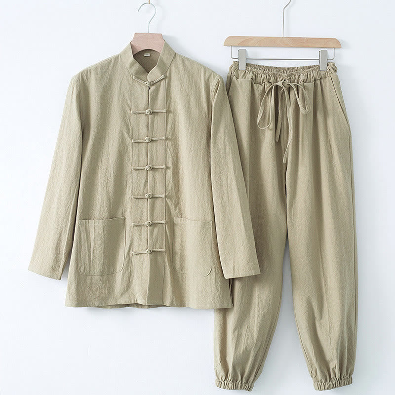 Camisa de manga larga con botones de Buddha Stones para meditación, pantalones, traje para hombre - Camisa color canela y pantalón color canela - US/UK/AU44, EU54 (4XL) - image 15