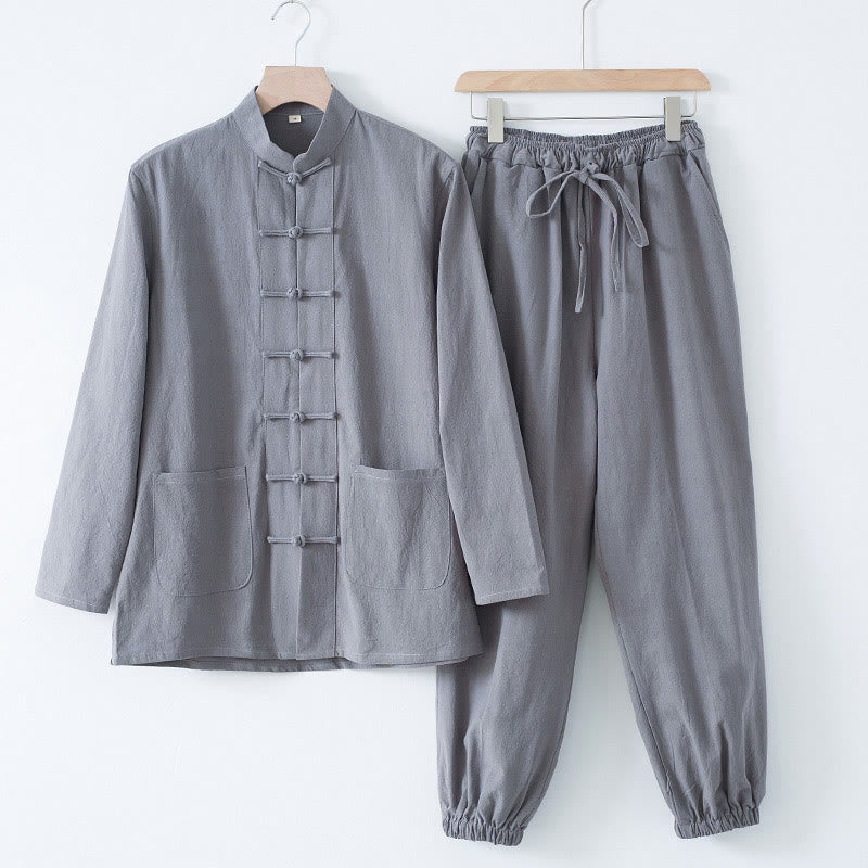 Camisa de manga larga con botones de Buddha Stones para meditación, pantalones, traje para hombre - Camisa plateada y pantalón plateado - US/UK/AU44, EU54 (4XL) - image 16