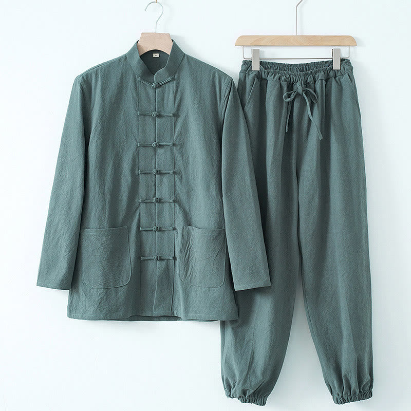 Camisa de manga larga con botones de Buddha Stones para meditación, pantalones, traje para hombre - Camisa y pantalón azul cadete - US/UK/AU44, EU54 (4XL) - image 13