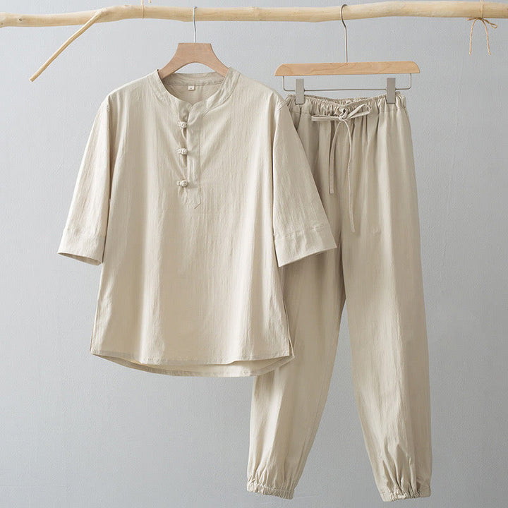 Camisa de manga tres cuartos con botones de rana y Buddha Stones para hombre - Camisa y pantalón blanco antiguo - US/UK/AU44, EU54 (4XL) - image 0