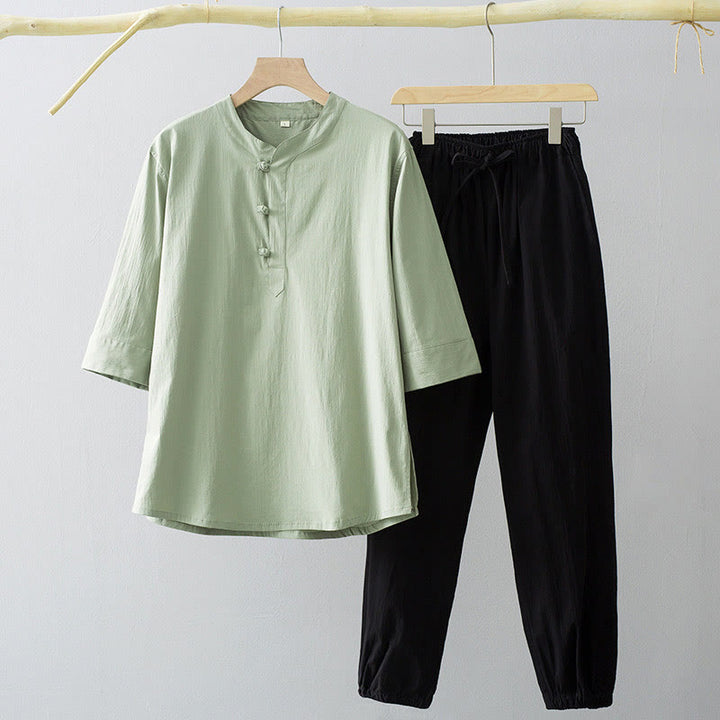 Camisa de manga tres cuartos con botones de rana y Buddha Stones para hombre - Camisa verde mar oscuro y pantalón negro - US/UK/AU44, EU54 (4XL) - image 6