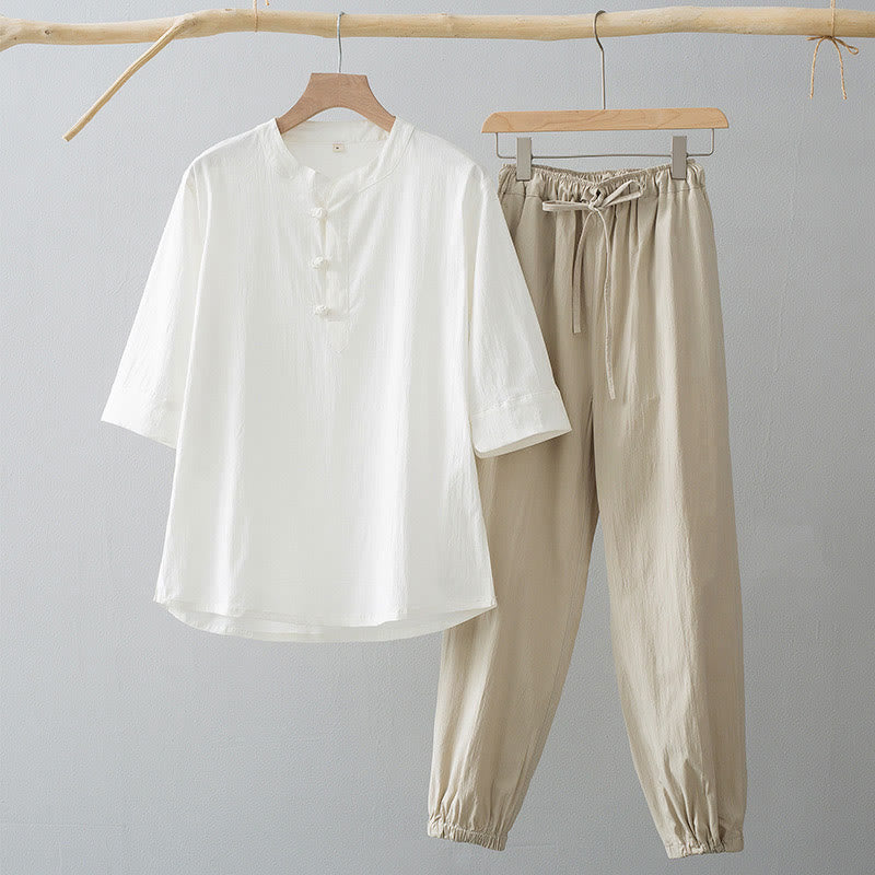 Camisa de manga tres cuartos con botones de rana y Buddha Stones para hombre - Camisa blanca y pantalón blanco antiguo - US/UK/AU44, EU54 (4XL) - image 7