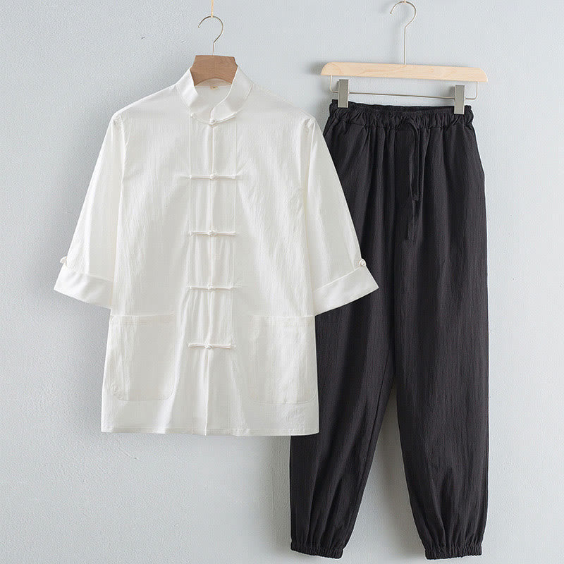 Pantalones de camisa de manga tres cuartos con botones de rana y Buddha Stones para hombre