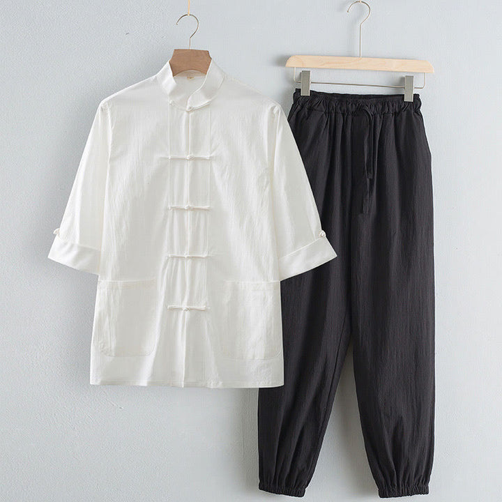 Pantalones de camisa de manga tres cuartos con botones de rana y Buddha Stones para hombre