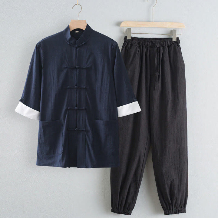 Pantalones de camisa de manga tres cuartos con botones de rana y Buddha Stones para hombre