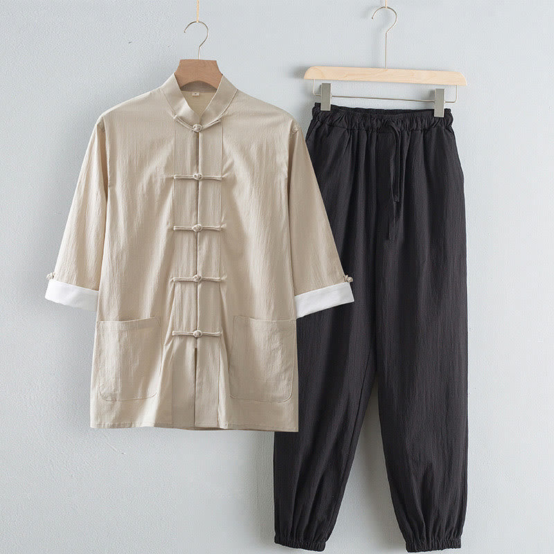 Pantalones de camisa de manga tres cuartos con botones de rana y Buddha Stones para hombre