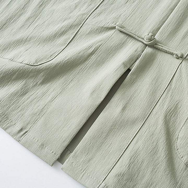 Pantalones de camisa de manga tres cuartos con botones de rana y Buddha Stones para hombre