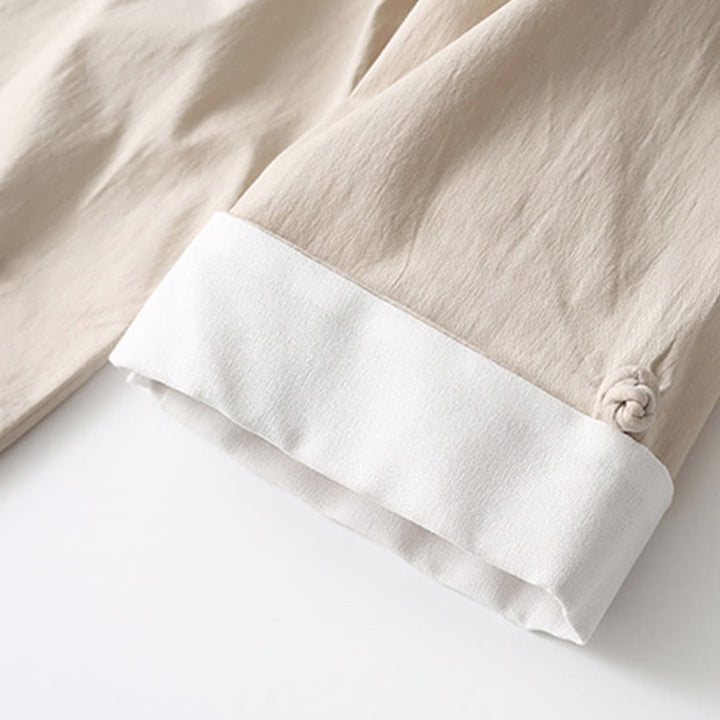 Camisa de manga tres cuartos con botones de rana y Buddha Stones, pantalones de pierna ancha, traje de lino y algodón para hombre