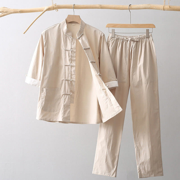 Camisa de manga tres cuartos con botones de rana y Buddha Stones, pantalones de pierna ancha, traje de lino y algodón para hombre