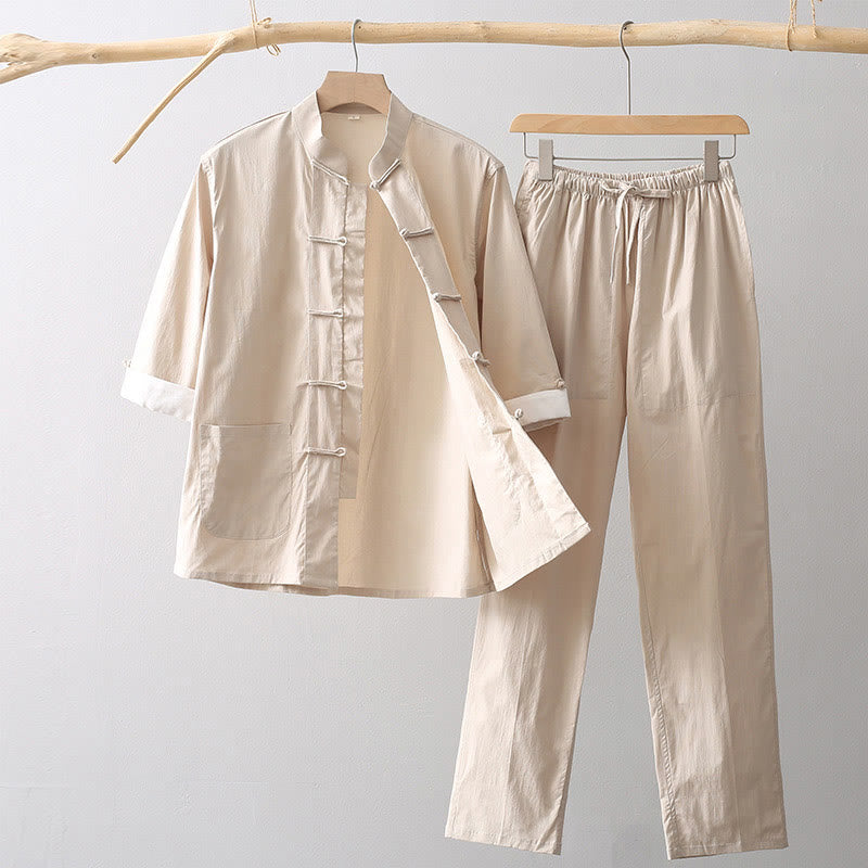 Camisa de manga tres cuartos con botones de rana y Buddha Stones, pantalones de pierna ancha, traje de lino y algodón para hombre - Trigo - US/UK/AU44, EU54 (4XL) - image 0