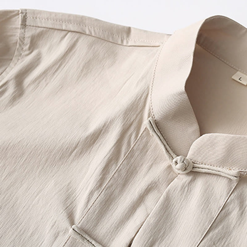 Camisa de manga tres cuartos con botones de rana y Buddha Stones, pantalones de pierna ancha, traje de lino y algodón para hombre