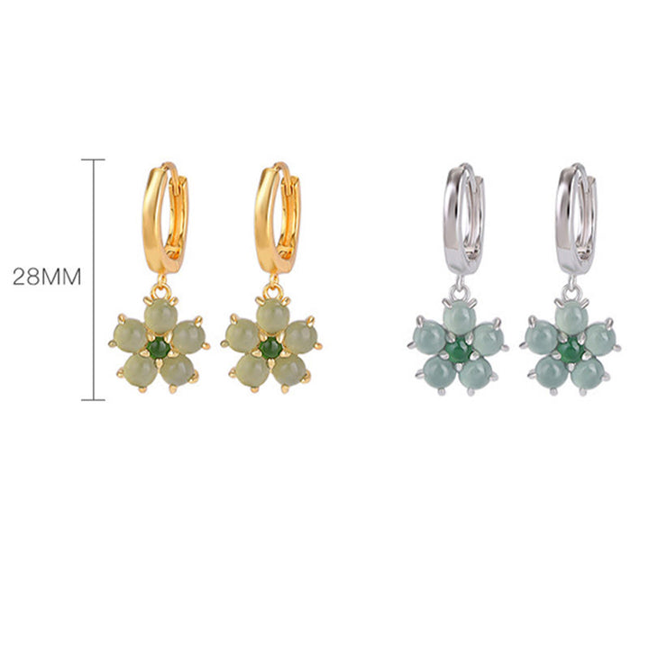 Pendientes de plata de ley 925 bañados en oro con diseño de flor de jade verde y Buddha Stones que representan la suerte y la prosperidad