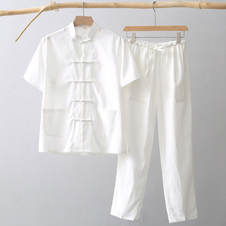 Camisa de manga corta con botones de rana y piedras de Buddha Stones Tang, pantalones de pierna ancha, traje para hombre