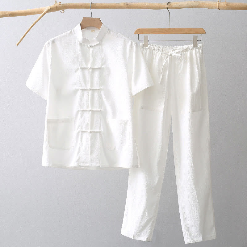 Camisa de manga corta con botones de rana y piedras de Buddha Stones Tang, pantalones de pierna ancha, traje para hombre - Blanco - US/UK/AU44, EU54 (4XL) - image 0