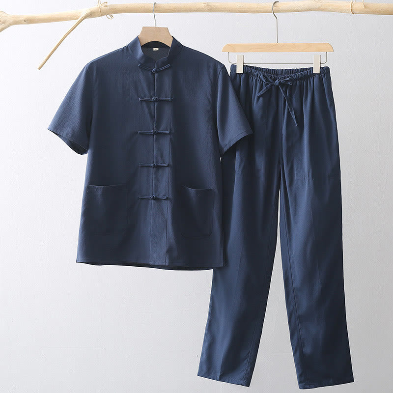 Camisa de manga corta con botones de rana y piedras de Buddha Stones Tang, pantalones de pierna ancha, traje para hombre