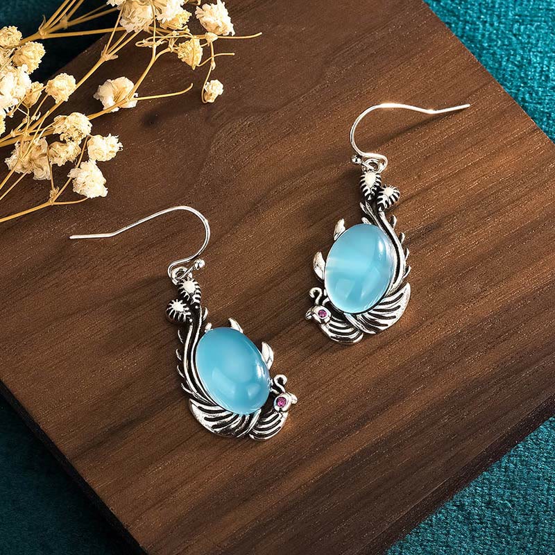 Pendientes de plata de ley 925 con Buddha Stones y postes de calcedonia azul y peces koi