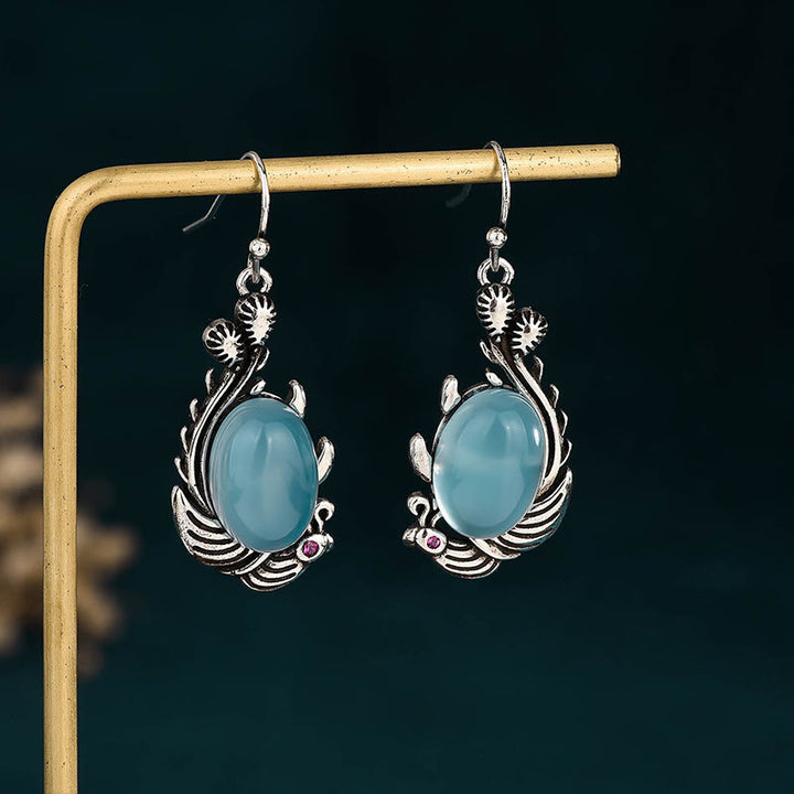 Pendientes de plata de ley 925 con Buddha Stones y postes de calcedonia azul y peces koi