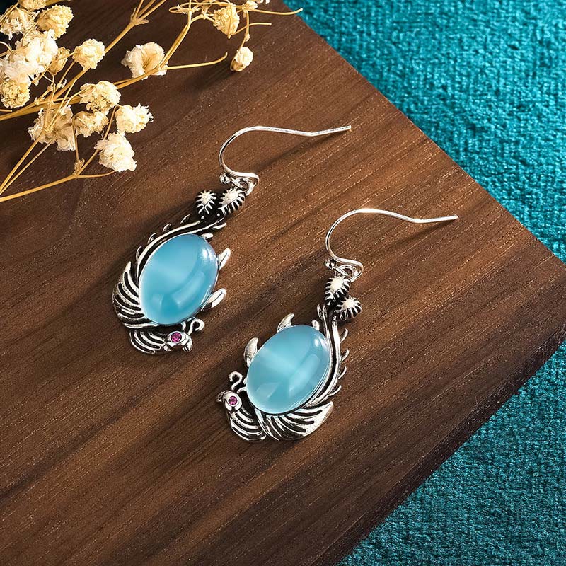 Pendientes de plata de ley 925 con Buddha Stones y postes de calcedonia azul y peces koi