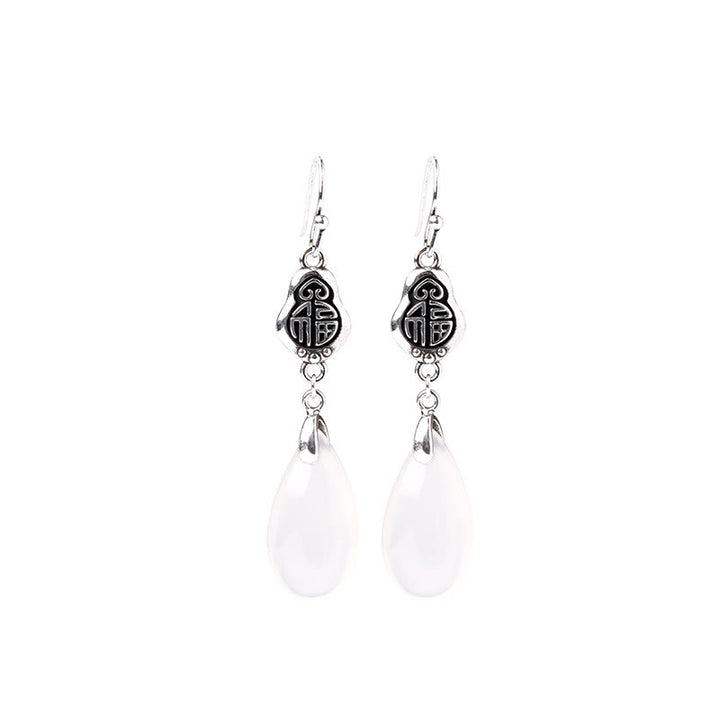 Pendientes de armonía positiva con carácter Fu y calcedonia natural de plata de ley 925 con Buddha Stones y piedras