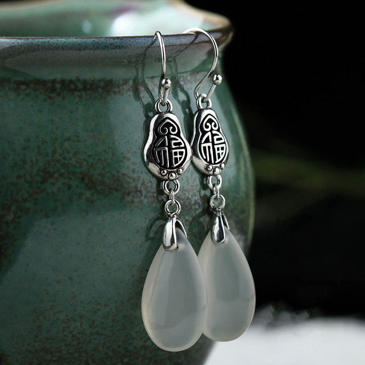 Pendientes de armonía positiva con carácter Fu y calcedonia natural de plata de ley 925 con Buddha Stones y piedras