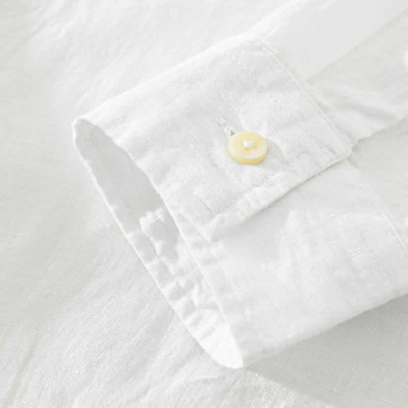 Camisa de lino para hombre, manga larga, suelta, color liso, con medio botón y Buddha Stones - image 4