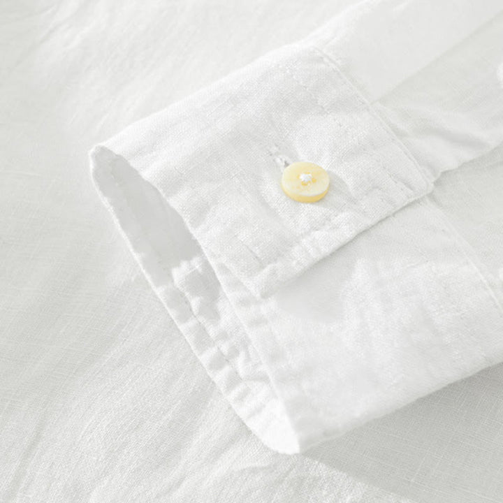 Camisa de lino para hombre, manga larga, suelta, color liso, con medio botón y Buddha Stones - image 4
