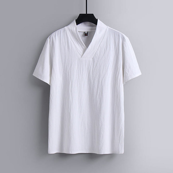 Camiseta de manga corta con cuello en V, transpirable, de algodón y lino, con estampado de Buddha Stones. - Blanco - US/UK/AU54, EU64 (9XL) - image 1