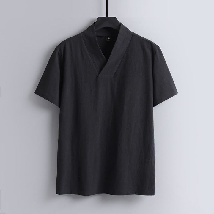 Camiseta de manga corta con cuello en V, transpirable, de algodón y lino, con estampado de Buddha Stones. - Negro - US/UK/AU54, EU64 (9XL) - image 2