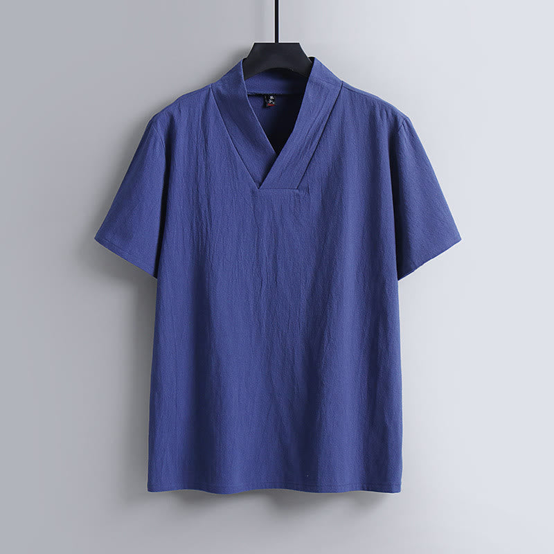 Camiseta de manga corta con cuello en V, transpirable, de algodón y lino, con estampado de Buddha Stones. - Azul real - US/UK/AU54, EU64 (9XL) - image 3