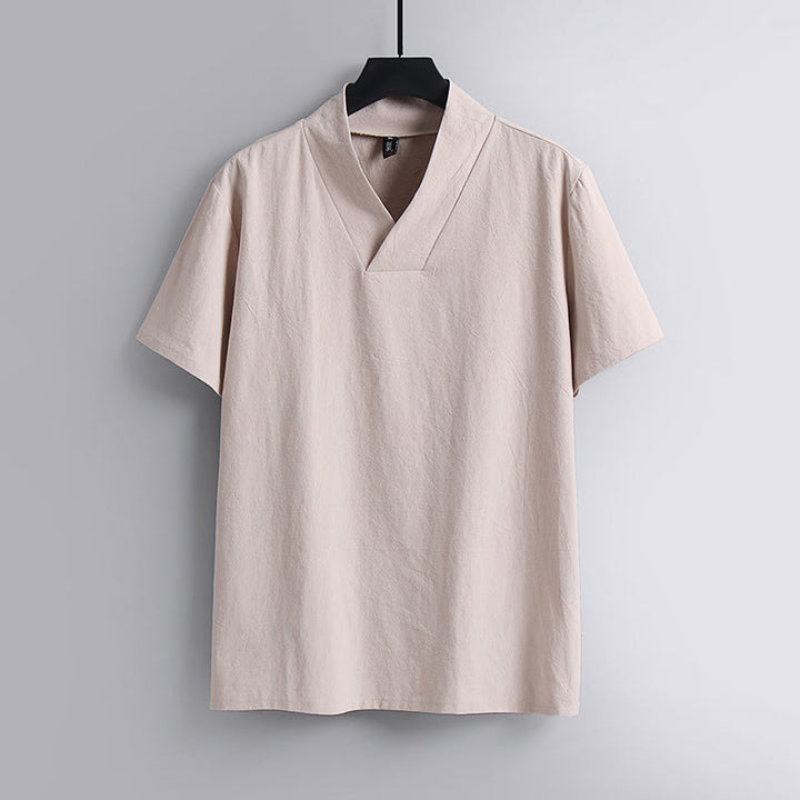Camiseta de manga corta con cuello en V, transpirable, de algodón y lino, con estampado de Buddha Stones. - Rosa Misty - US/UK/AU54, EU64 (9XL) - image 4