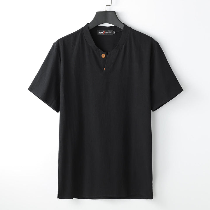 Camiseta de manga corta con cuello tipo muesca y estampado de Buddha Stones, color liso, corte holgado, suave. - Negro - US/UK/AU54, EU64 (9XL) - image 2