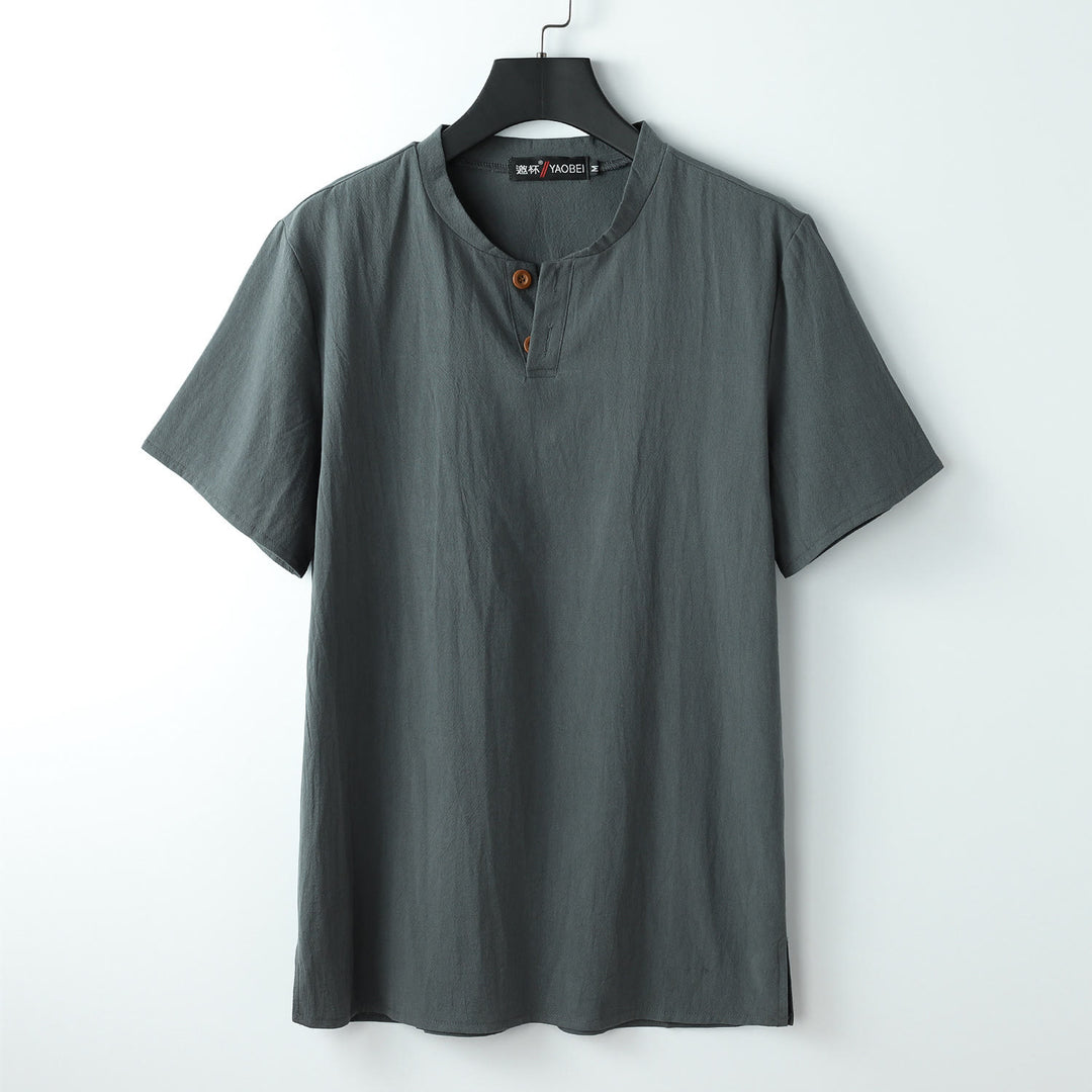 Camiseta de manga corta con cuello tipo muesca y estampado de Buddha Stones, color liso, corte holgado, suave. - Gris - US/UK/AU54, EU64 (9XL) - image 1