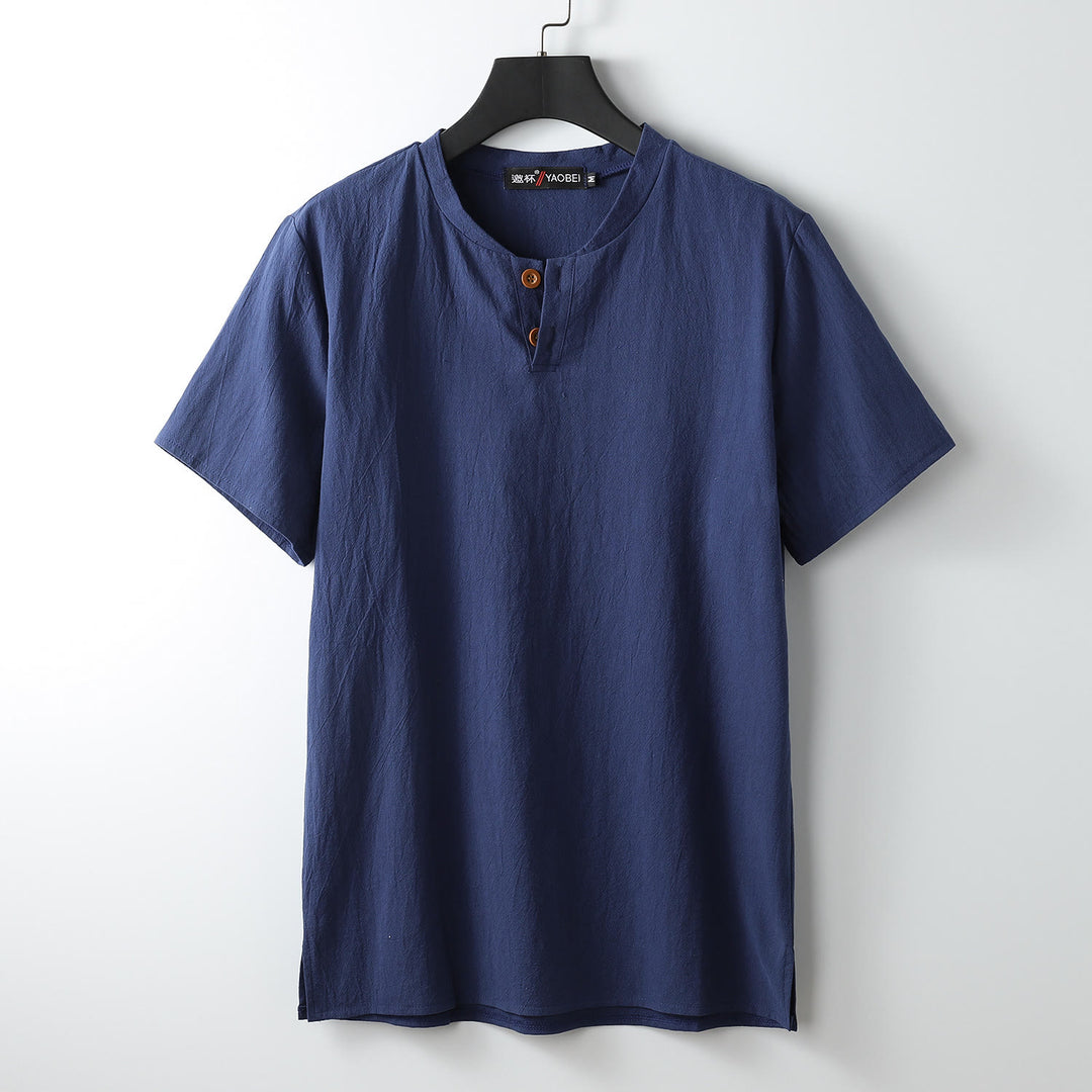 Camiseta de manga corta con cuello tipo muesca y estampado de Buddha Stones, color liso, corte holgado, suave. - Azul medianoche - US/UK/AU54, EU64 (9XL) - image 3