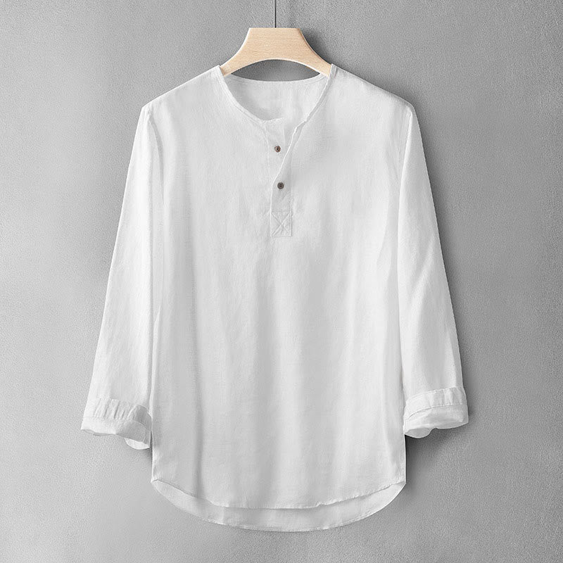 Camisa de lino con botones y manga larga de color liso con Buddha Stones para hombre - Blanco - US/UK/AU42, EU52 (3XL) - image 1