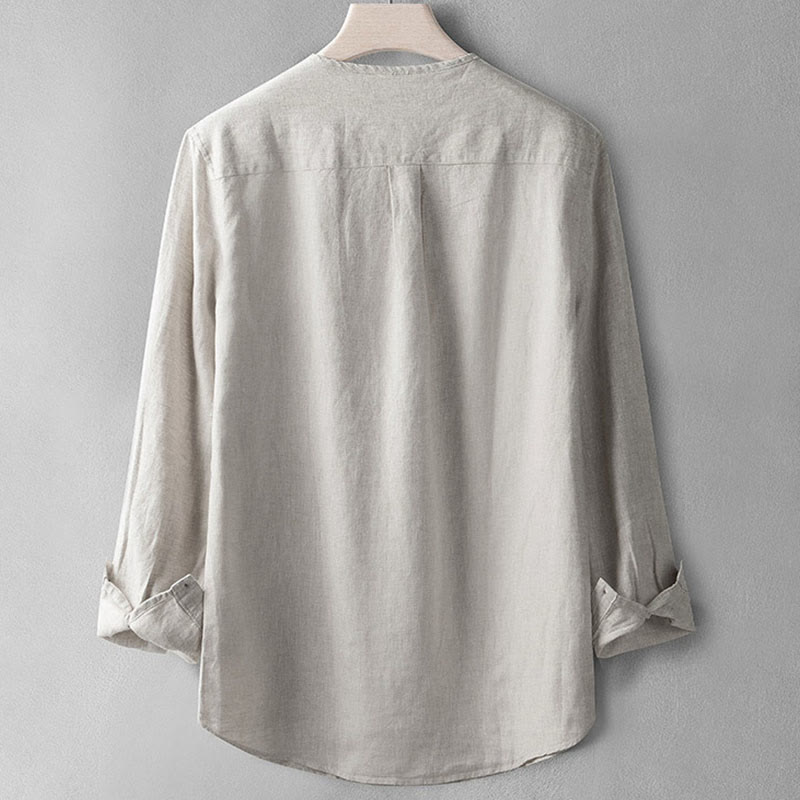 Camisa de lino con botones y manga larga de color liso con Buddha Stones para hombre - image 11