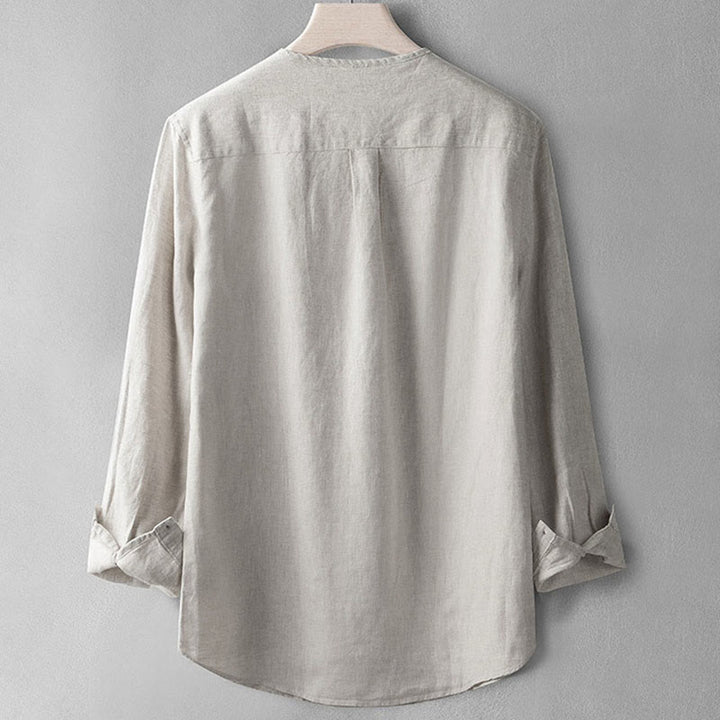 Camisa de lino con botones y manga larga de color liso con Buddha Stones para hombre - image 11