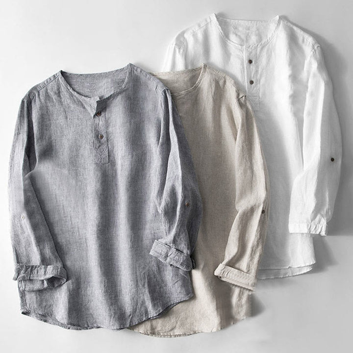 Camisa de lino con botones y manga larga de color liso con Buddha Stones para hombre - image 3