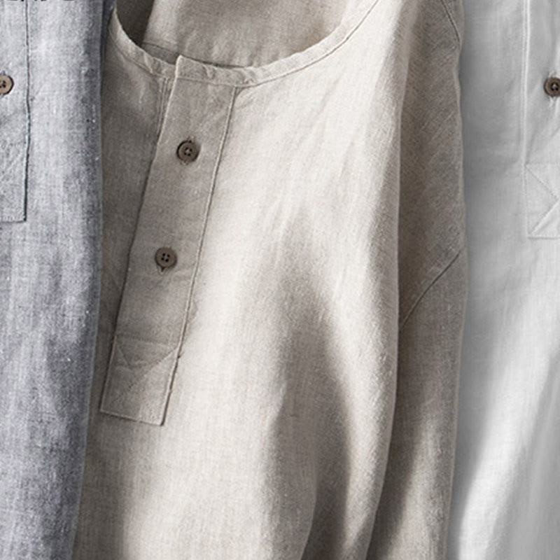 Camisa de lino con botones y manga larga de color liso con Buddha Stones para hombre - image 14