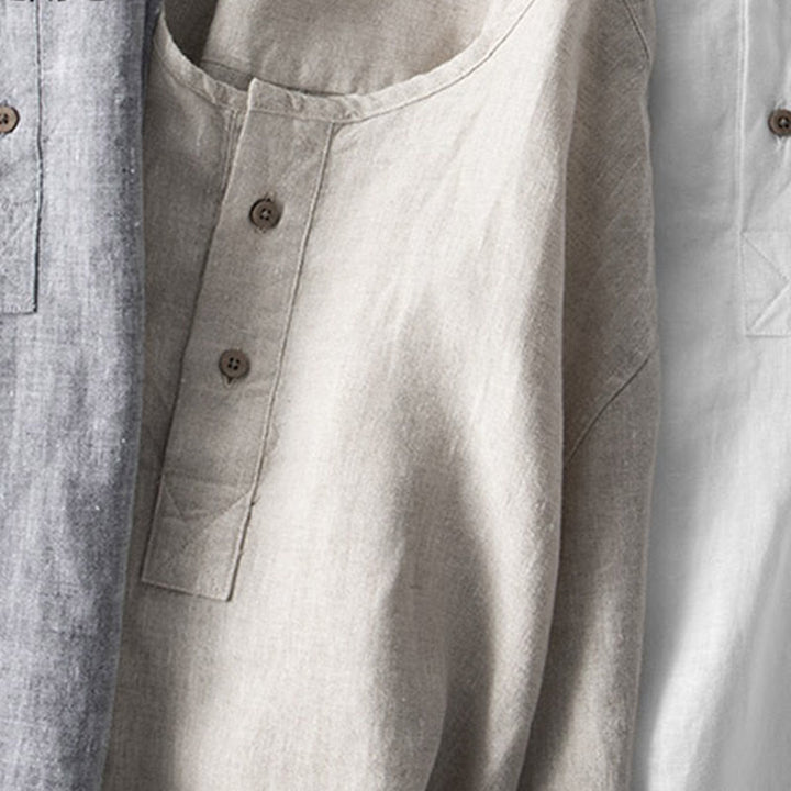 Camisa de lino con botones y manga larga de color liso con Buddha Stones para hombre - image 14