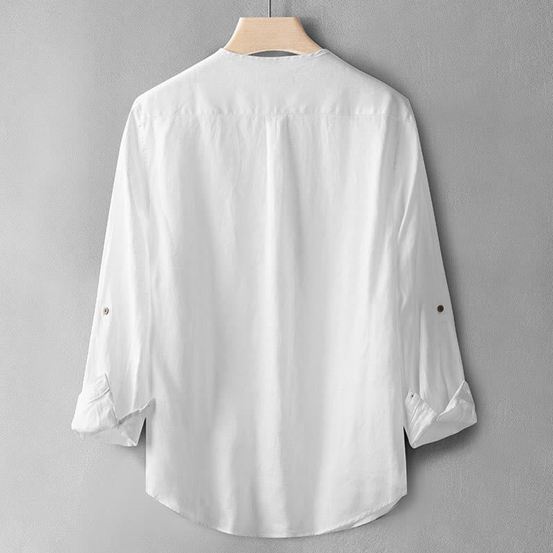 Camisa de lino con botones y manga larga de color liso con Buddha Stones para hombre - image 12