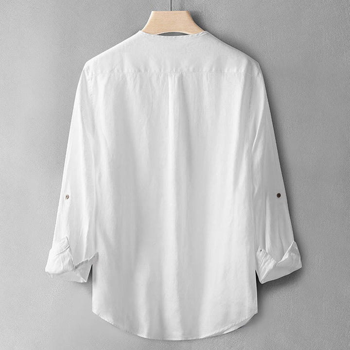 Camisa de lino con botones y manga larga de color liso con Buddha Stones para hombre - image 12